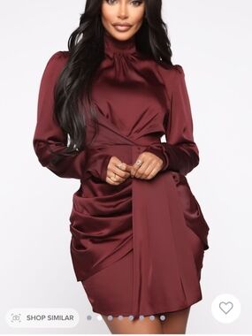 Fashion Nova Wine Satin Long-Sleeve Dress
